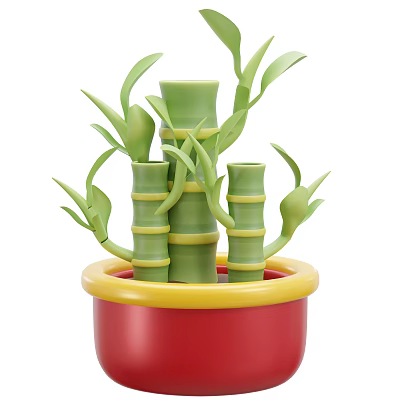 Green Bamboo Plants with Stems and Leaves in Red Pot with Yellow Rim 3d model
