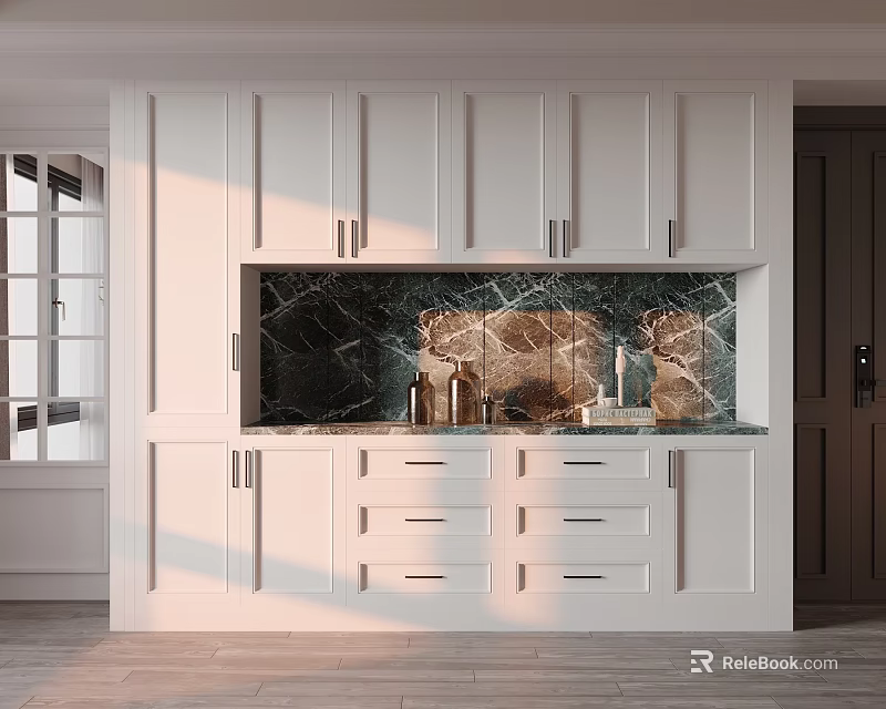 Modern White Kitchen Sideboard With Green Veined Marble Countertop And Drawers 3d model 