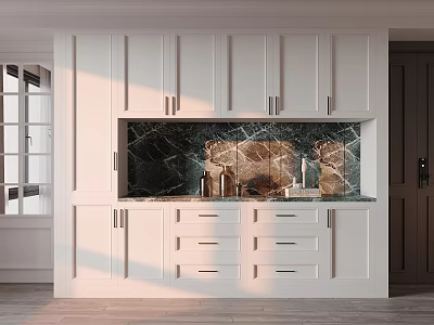 Modern White Kitchen Sideboard With Green Veined Marble Countertop And Drawers 3d model
