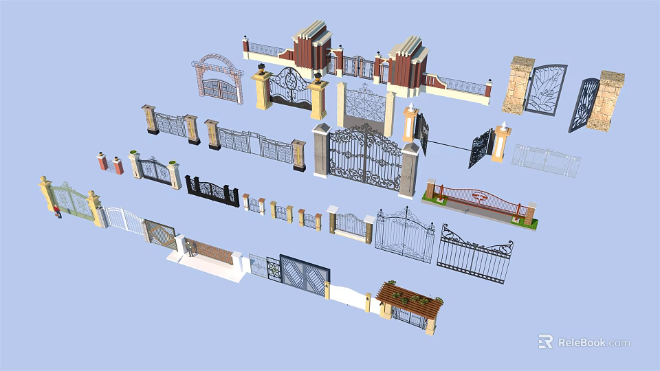 Various Styles of Decorative Gates Featuring Iron Designs Pillars And Fences 3d model 
