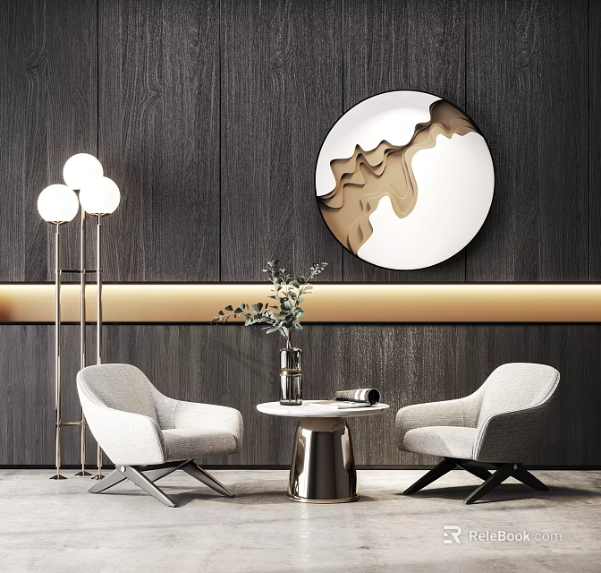 Modern Casual Sofa Set With Light Gray Chairs Round Table Floor Lamp And Decorative Mirror 3d model 