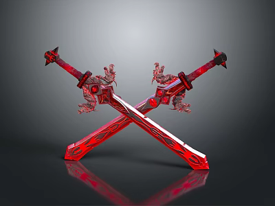 Red Decorative Swords Crossed With Intricate Dragon Carvings Ornate Design And Reflective Surface 3d model