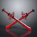Red Decorative Swords Crossed With Intricate Dragon Carvings Ornate Design And Reflective Surface