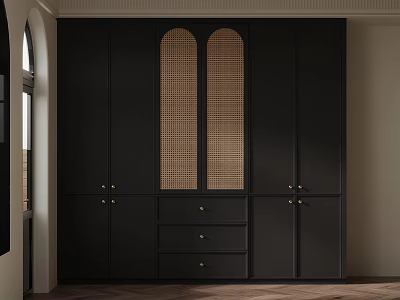 Modern Black Storage Cabinet With Arched Woven Doors And Drawers In Minimalist Interior 3d model