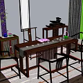 Traditional Chinese Wooden Tea Table and Chairs with Tea Sets Green Plants and Calligraphy Decor