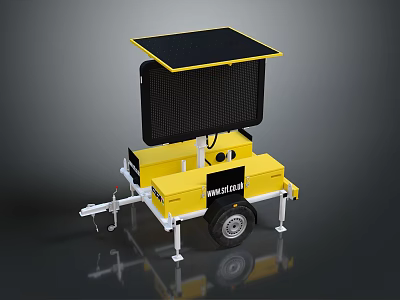 Yellow Mobile Solar Powered Equipment With Invictus Brand Light Panel And Trailer Wheels 3d model