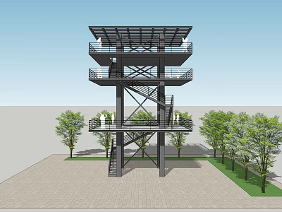 Modern Tower With Multiple Platforms Spiral Staircase Surrounding Trees And Paved Ground 3d model
