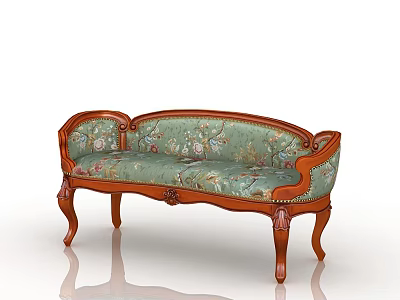Classical Bed Bench With Wooden Frame Floral Fabric Cushion And Carved Details 3d model