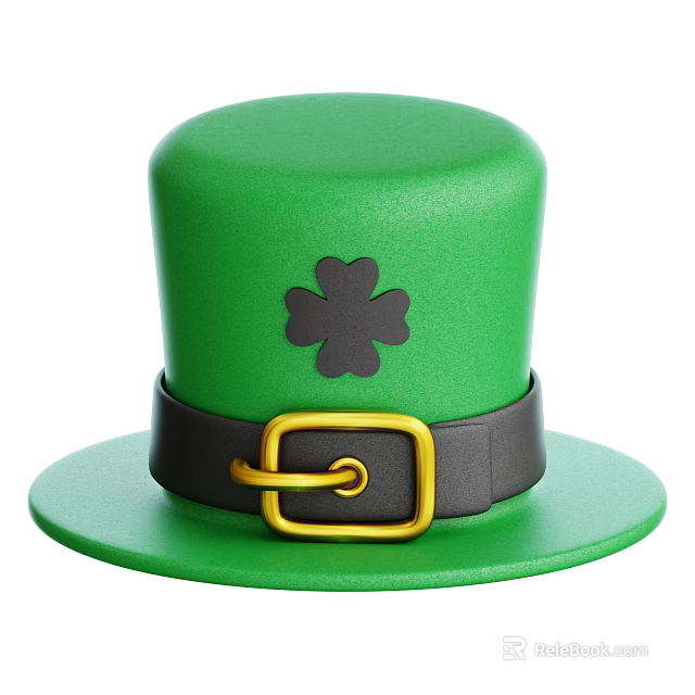 Stylish Green Hat Featuring Four Leaf Clover Design Black Band And Gold Buckle 3d model 