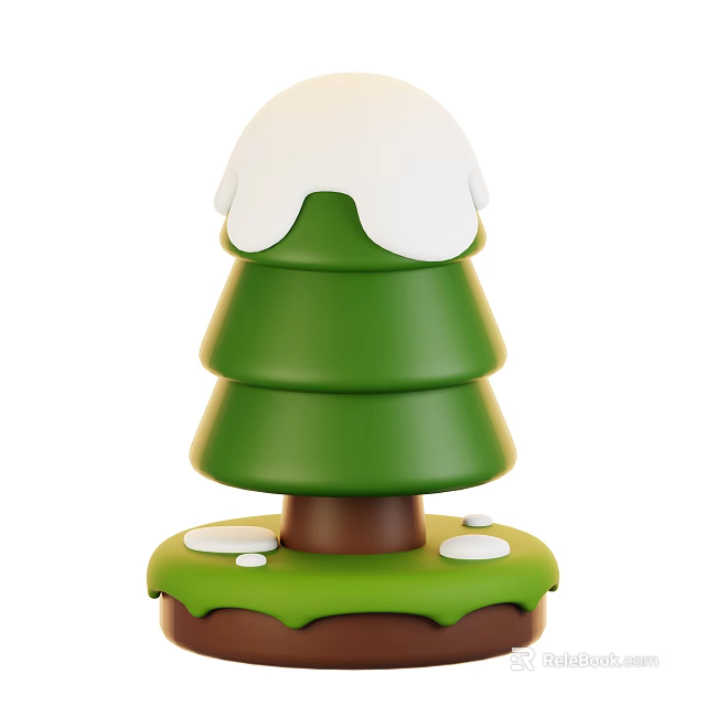 Cartoon Style Green Layered Tree With White Snow Brown Trunk And Decorative Base 3d model 