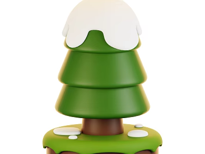Cartoon Style Green Layered Tree With White Snow Brown Trunk And Decorative Base 3d model
