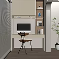 Minimalist Home Office Desk with Computer Monitor Bookshelf Wooden Chair and Potted Plant