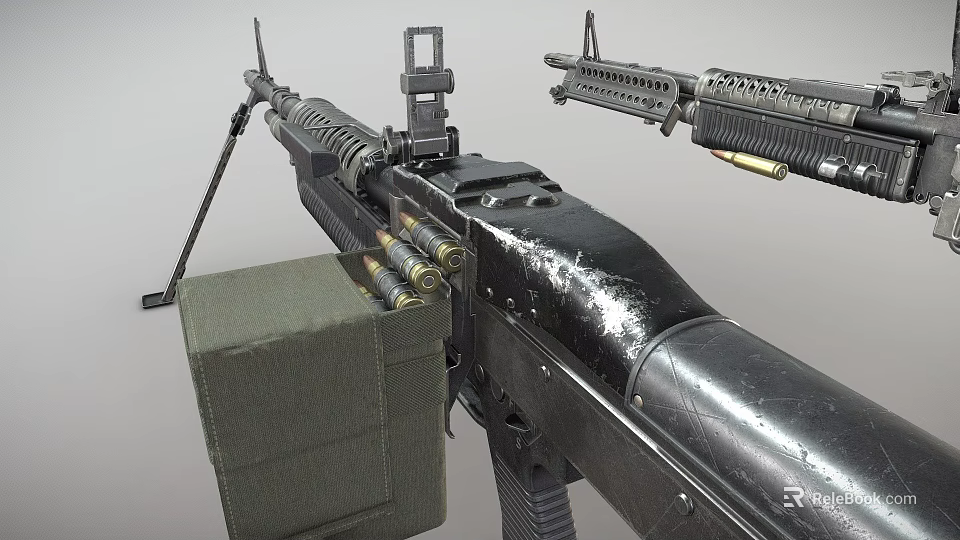 Tactical Military Weapons With Machine Gun Rifle Ammunition Belt And Green Ammo Box 3d model 