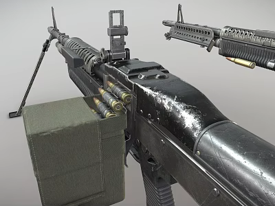 Tactical Military Weapons With Machine Gun Rifle Ammunition Belt And Green Ammo Box 3d model
