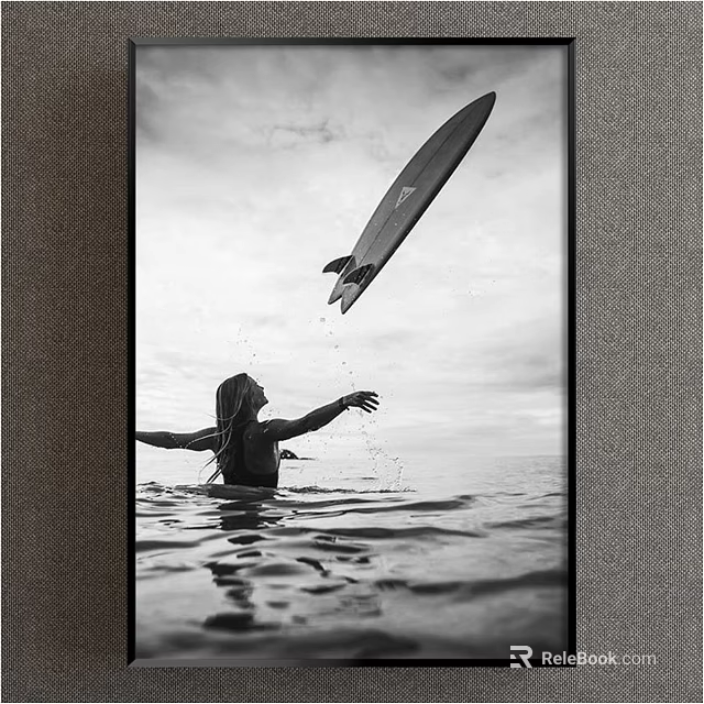 Black and White Person Painting With Surfboard Reaching Up Over Ocean Water 3d model 
