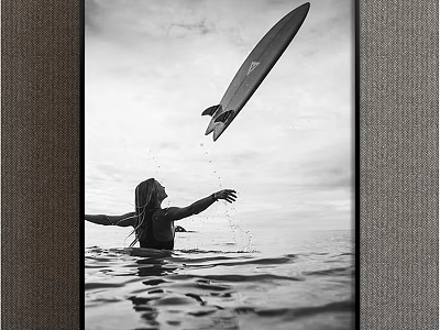 Black and White Person Painting With Surfboard Reaching Up Over Ocean Water 3d model