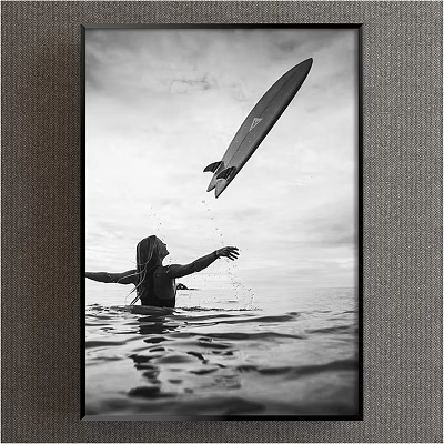 Black and White Person Painting With Surfboard Reaching Up Over Ocean Water 3d model