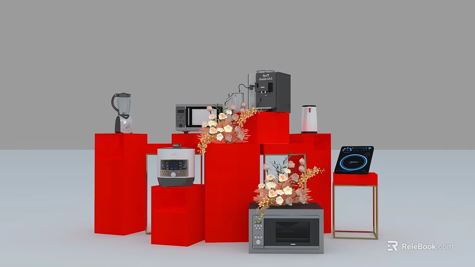 Red Display Stands With Various Kitchen Appliances Decorative Flowers And Tablet 3d model