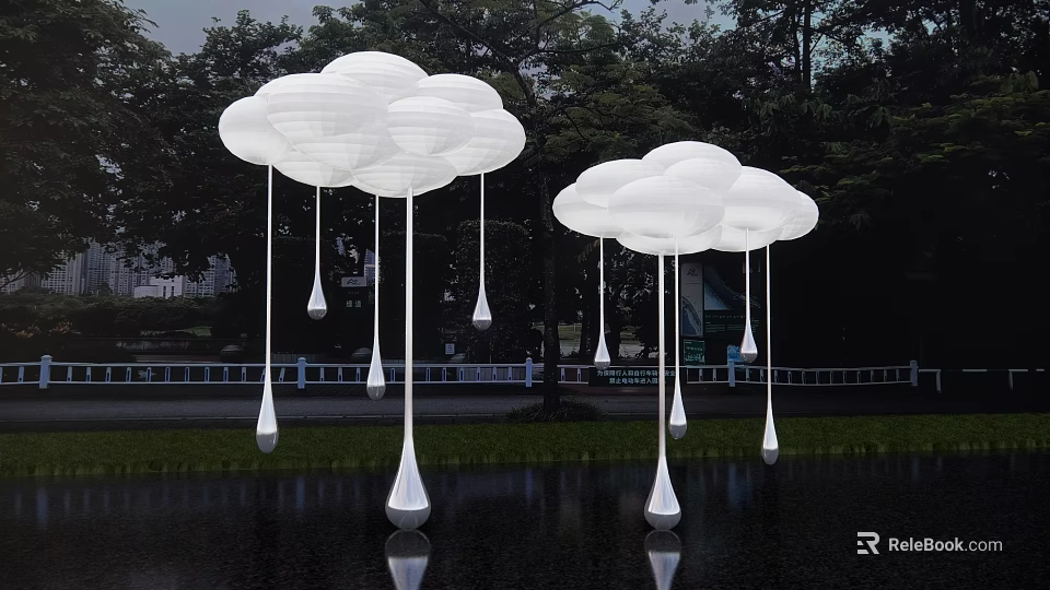 White Cloud Shaped Outdoor Decorative Installations With Water Drop Ornaments By Lakeside Trees 3d model