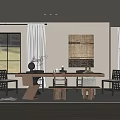 Modern Tea Room Interior With Wooden Long Table Black Chairs Gray Rug And Green View
