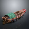 Wooden Boat With Green Canopy And Black Tires Along Sides