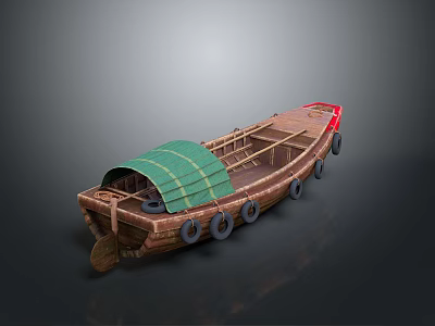 Wooden Boat With Green Canopy And Black Tires Along Sides 3d model
