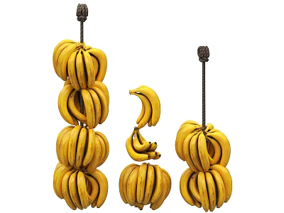 Multiple Fresh Banana Bunches Hanging On Ropes In Different Sizes 3d model