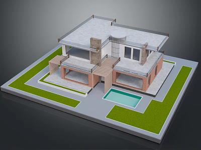 Modern Two Story House with Flat Roof Brick Walls Swimming Pool and Green Lawn 3d model