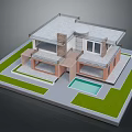 Modern Two Story House with Flat Roof Brick Walls Swimming Pool and Green Lawn