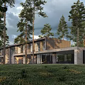 Modern Detached Villa Surrounded by Tall Pine Trees And Lush Green Grassland