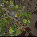 Urban Garden Landscape With Tall Buildings Lush Greenery Pathways And Water Fountain