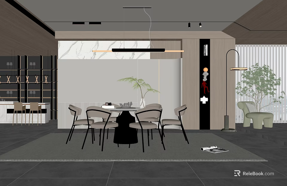 Modern Restaurant Interior With Dining Table Chairs Pendant Light Green Plant And Wooden Decor 3d model 