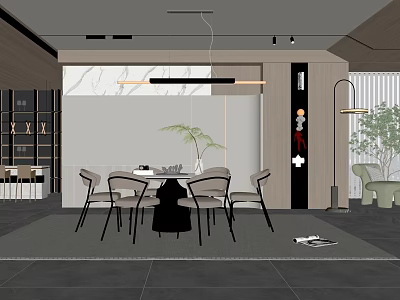 Modern Restaurant Interior With Dining Table Chairs Pendant Light Green Plant And Wooden Decor 3d model
