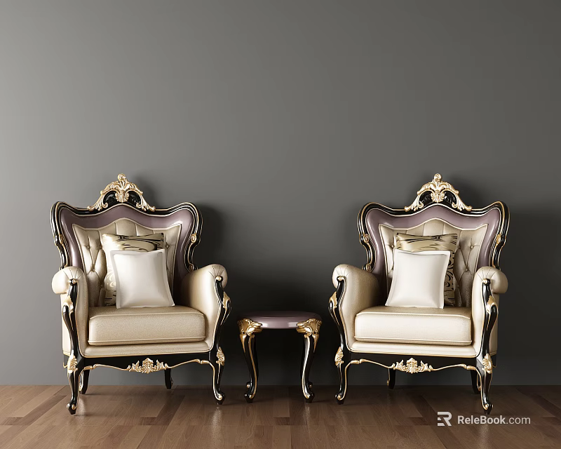 Luxury Leisure Armchair Set Featuring Gold Carvings Beige Cushions Side Table Gray Wall Wooden Floor 3d model 