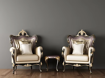 Luxury Leisure Armchair Set Featuring Gold Carvings Beige Cushions Side Table Gray Wall Wooden Floor 3d model