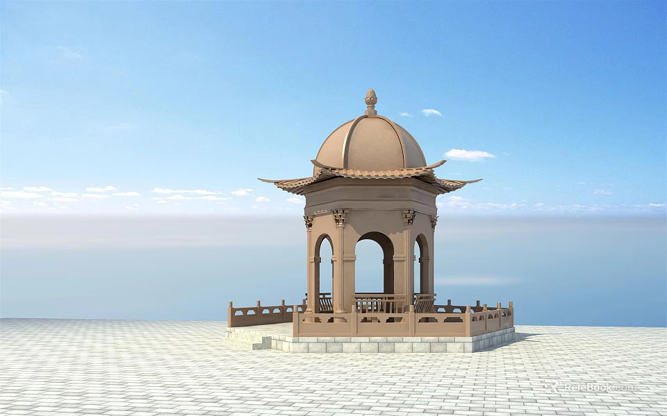 Traditional Chinese Style Pavilion With Dome Railing And Platform Against Blue Sky Water 3d model 