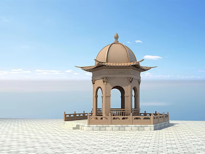 Traditional Chinese Style Pavilion With Dome Railing And Platform Against Blue Sky Water 3d model