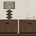 Brown Wooden Nightstands With Drawers Open Shelves Spiral Lamp Books And Cone Decor