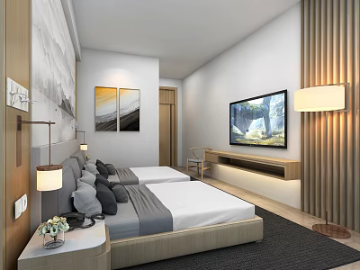 Modern Hotel Guest Room With Twin Beds Gray Black Pillows Artwork And Flat Screen TV 3d model