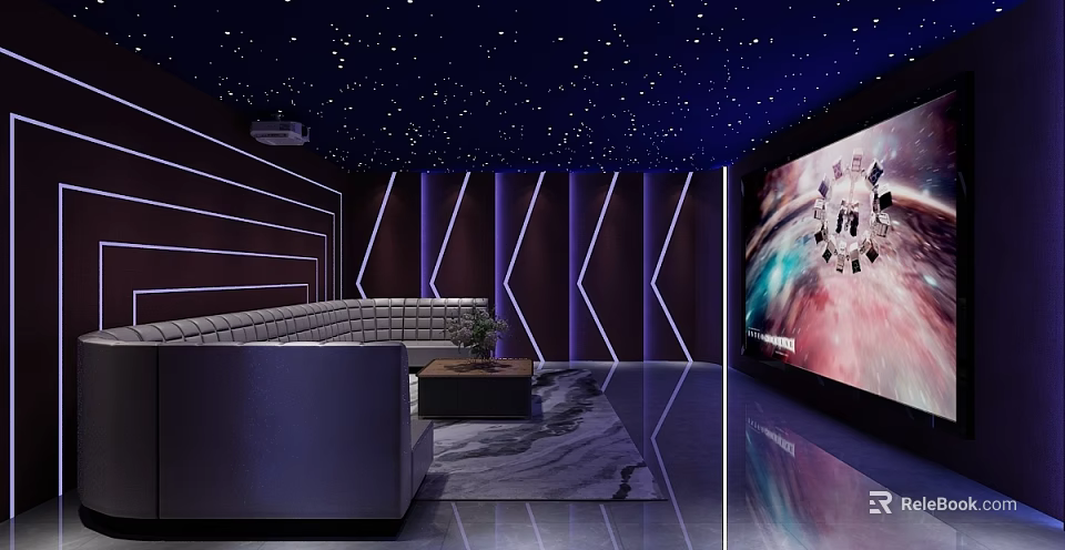 Modern Home Theater With Starry Ceiling LED Strip Lights And Large Screen Sofa Rug 3d model 
