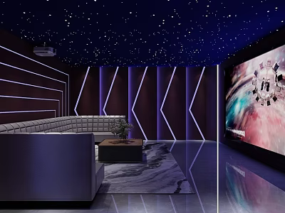 Modern Home Theater With Starry Ceiling LED Strip Lights And Large Screen Sofa Rug 3d model
