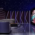 Modern Home Theater With Starry Ceiling LED Strip Lights And Large Screen Sofa Rug