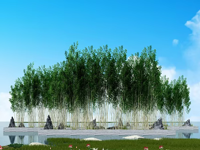Bamboo Grove Under Blue Sky with White Clouds Near Water Rocks Green Grass and Flowers 3d model