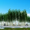 Bamboo Grove Under Blue Sky with White Clouds Near Water Rocks Green Grass and Flowers