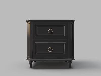 Black Modern Nightstand Featuring Two Drawers With Gold Round Knobs And Small Legs 3d model
