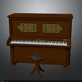 Elegant Red Wooden Piano with Intricate Golden Carvings and Matching Stool for Home Living