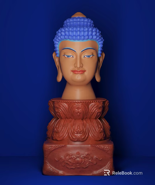 Buddha Head Landscape Sculpture with Blue Hair Red Carved Base and Blue Background 3d model 