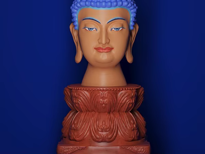 Buddha Head Landscape Sculpture with Blue Hair Red Carved Base and Blue Background 3d model