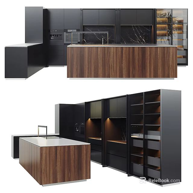 Modern Kitchen Interior With Black Wooden Cabinets And Storage Island Design 3d model 