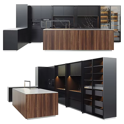 Modern Kitchen Interior With Black Wooden Cabinets And Storage Island Design 3d model